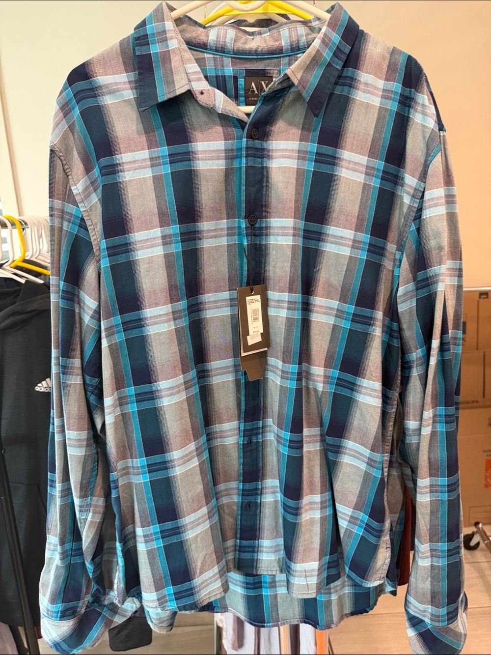 Armani Exchange Men's Teal and Navy Plaid Button-Down Shirt
